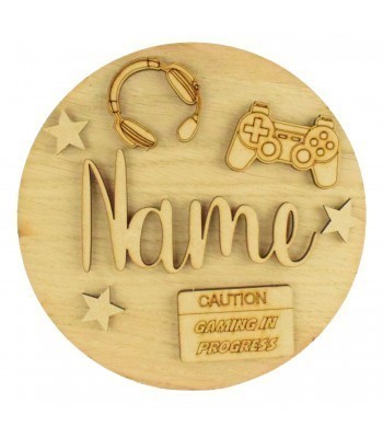 Laser Cut Oak Veneer Circle Plaque Personalised Name With Playstation Shapes